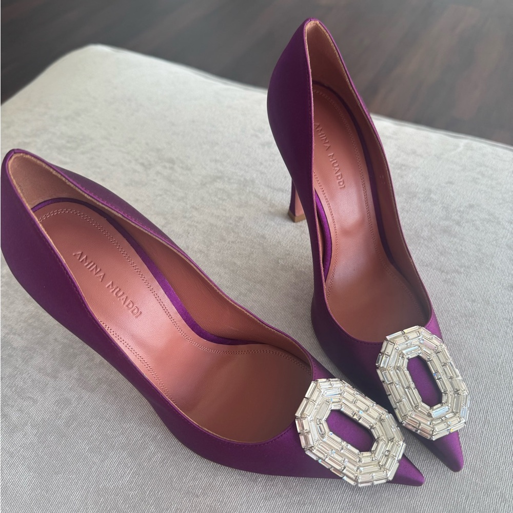 Amina Muaddi Purple Crystal Embellished Heels - Picture 2 of 4